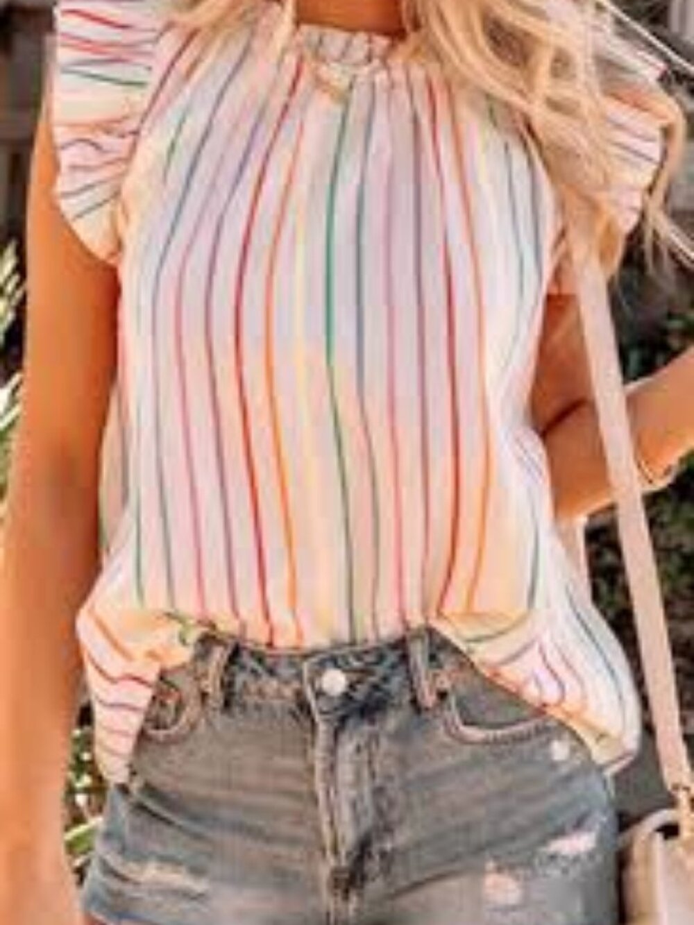 THML White Multicolor Striped Ruffle Sleeve Blouse‎ Sz M Boho Coastal Summer